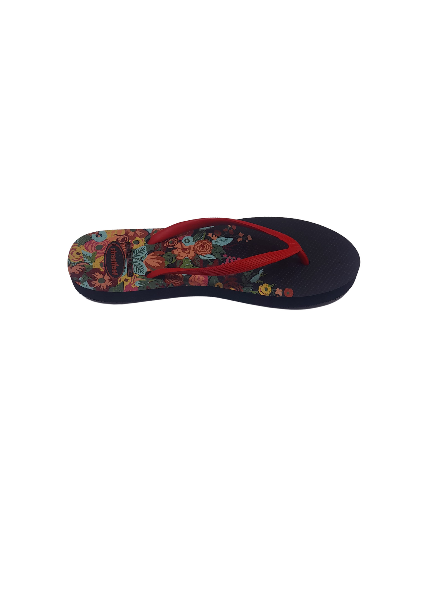 Meadow flip flops for women – Black Sole, Red Strap with Colorful Floral Design, Stylish Summer Footwear