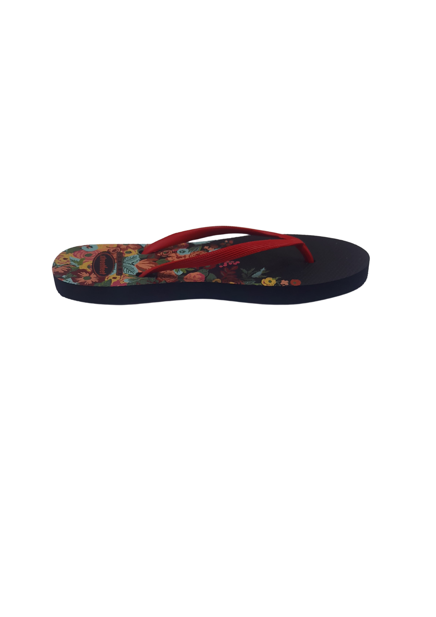 Meadow flip flops for women – Black Sole, Red Strap with Colorful Floral Design, Stylish Summer Footwear