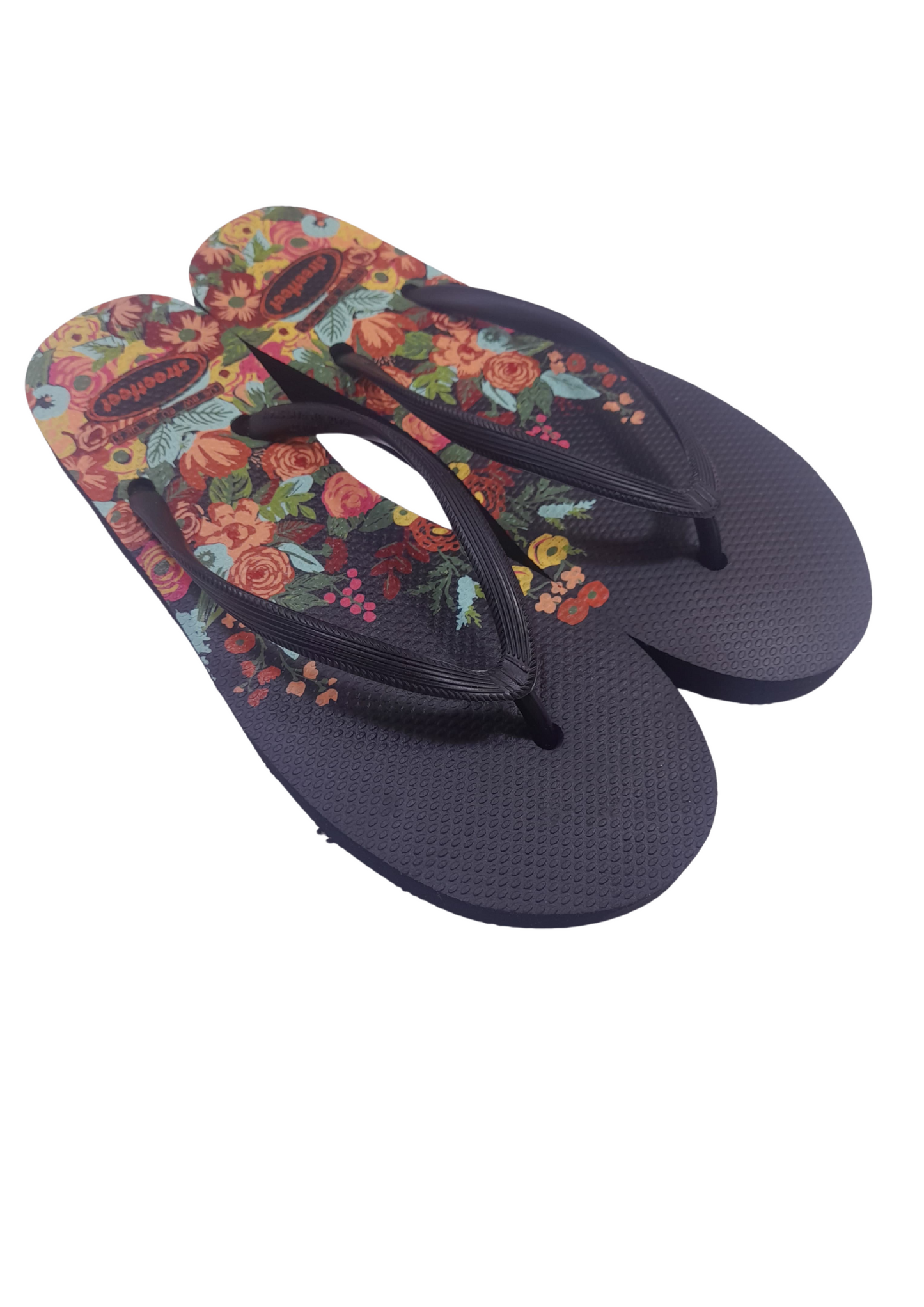 Meadow flip flops for women – Black Sole, Black Strap with Colorful Floral Design, Comfortable Everyday Wear