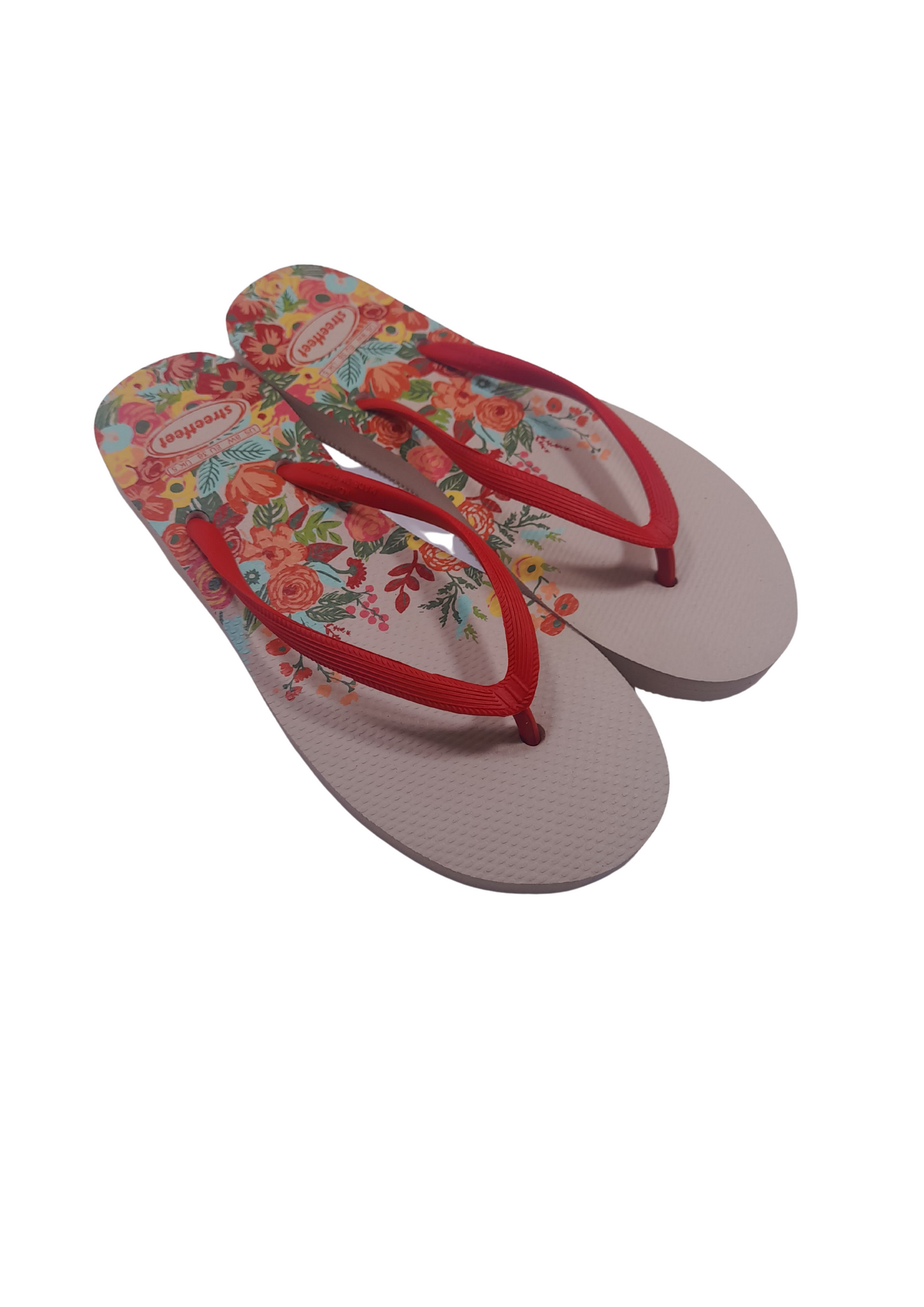 Meadow flip flops for women – White Sole, Red Strap with Colorful Floral Design, Cheerful and Feminine Look