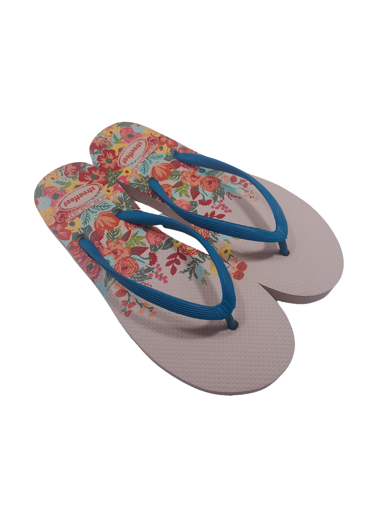 Meadow flip flops for women – White Sole, Blue Strap with Colorful Floral Design, Fresh and Stylish Design