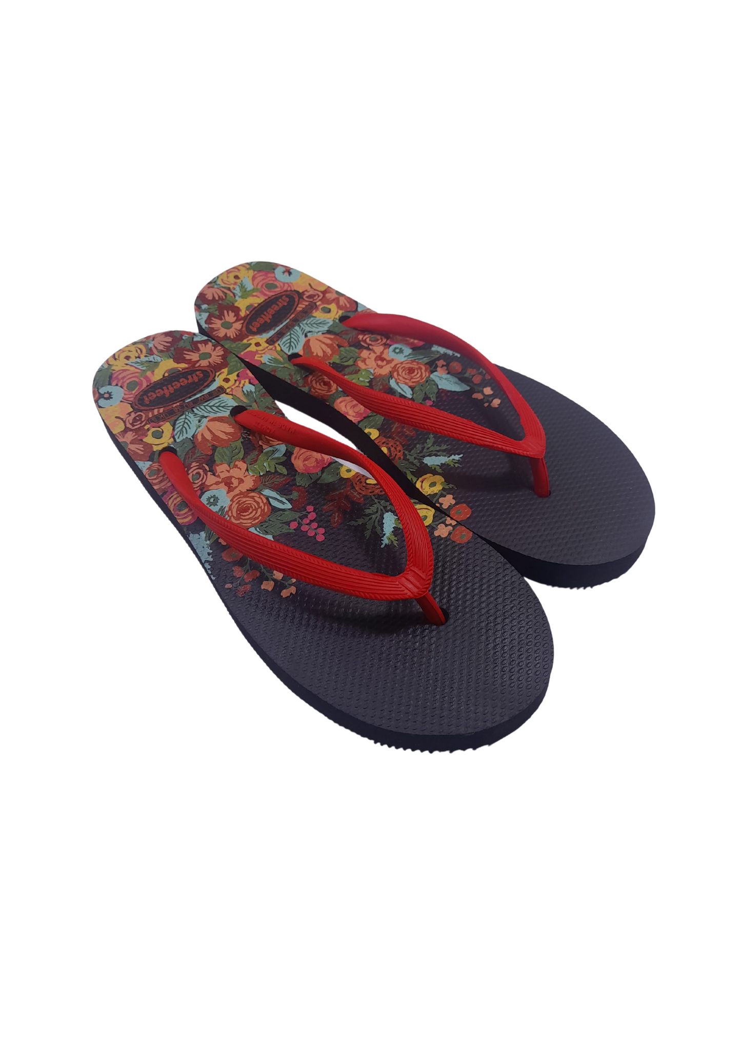 Meadow flip flops for women – Black Sole, Red Strap with Colorful Floral Design, Stylish Summer Footwear