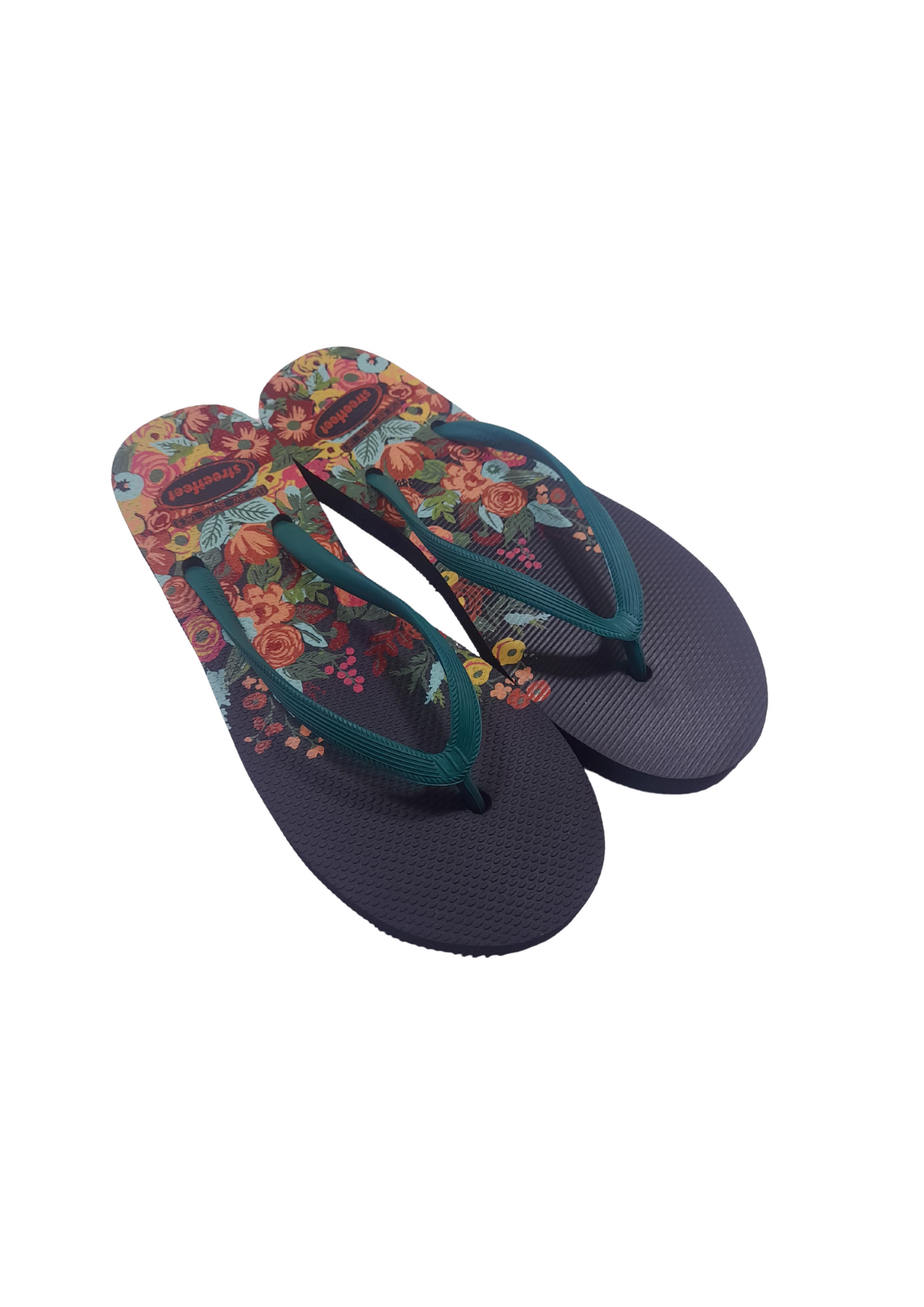 Meadow flip flops for women – Black Sole, Green Strap with Colorful Floral Design, Lightweight and Vibrant Style