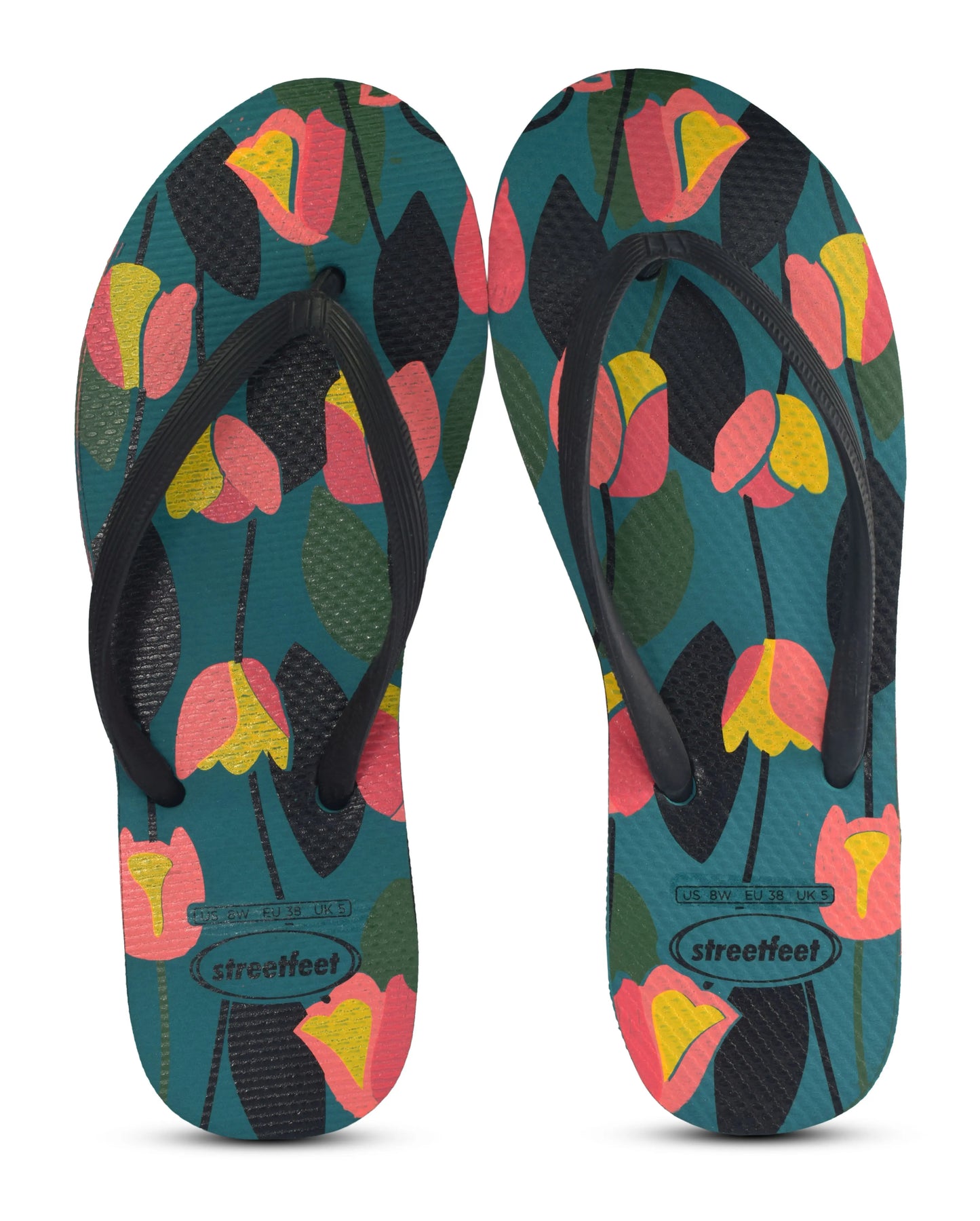 Tulip Flip Flops by StreetFeet – Light blue sole with tulip flower print and black strap, trendy casual shoes for women with cushioned sole