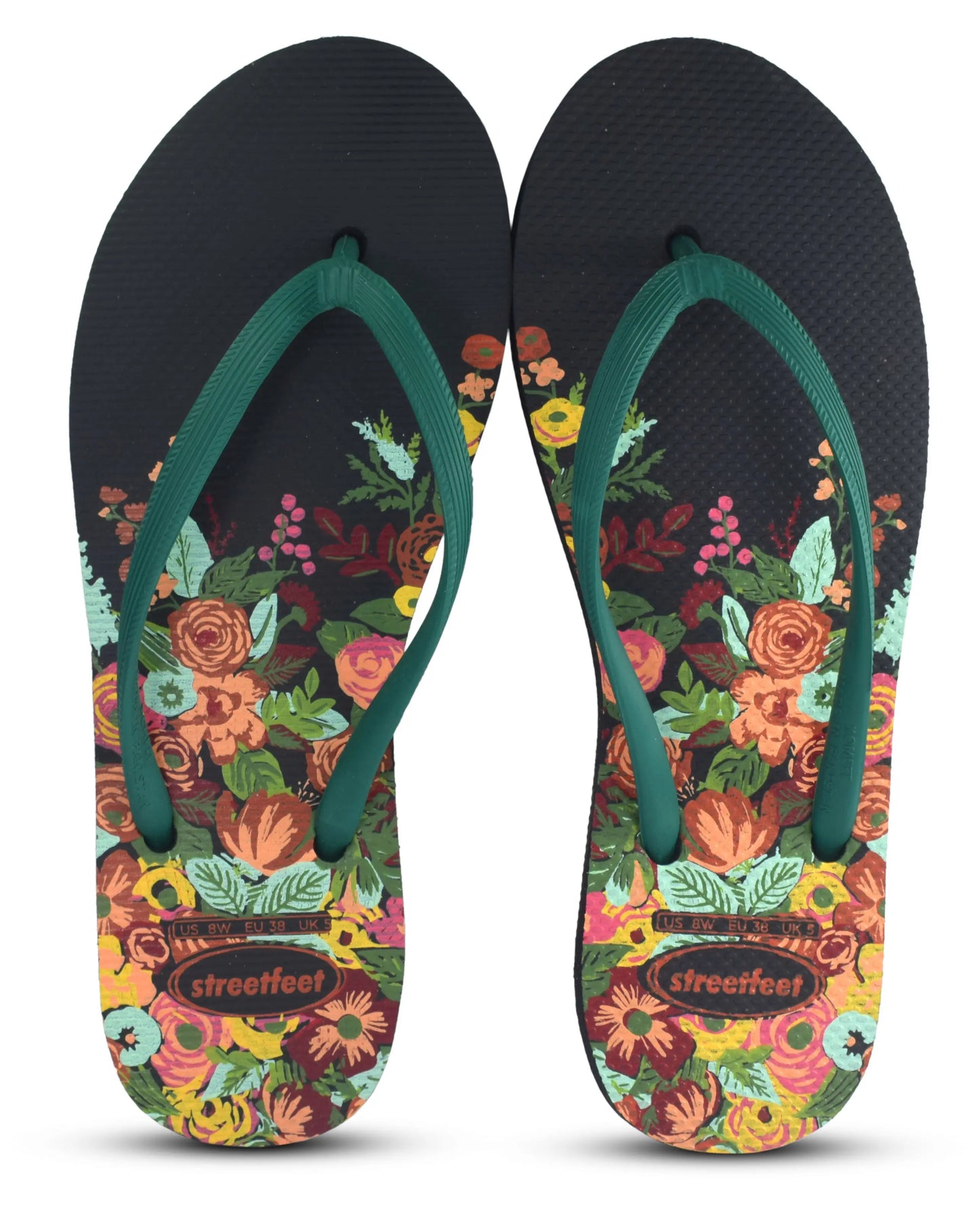 Meadow flip flops for women – Black Sole, Green Strap with Colorful Floral Design, Lightweight and Vibrant Style