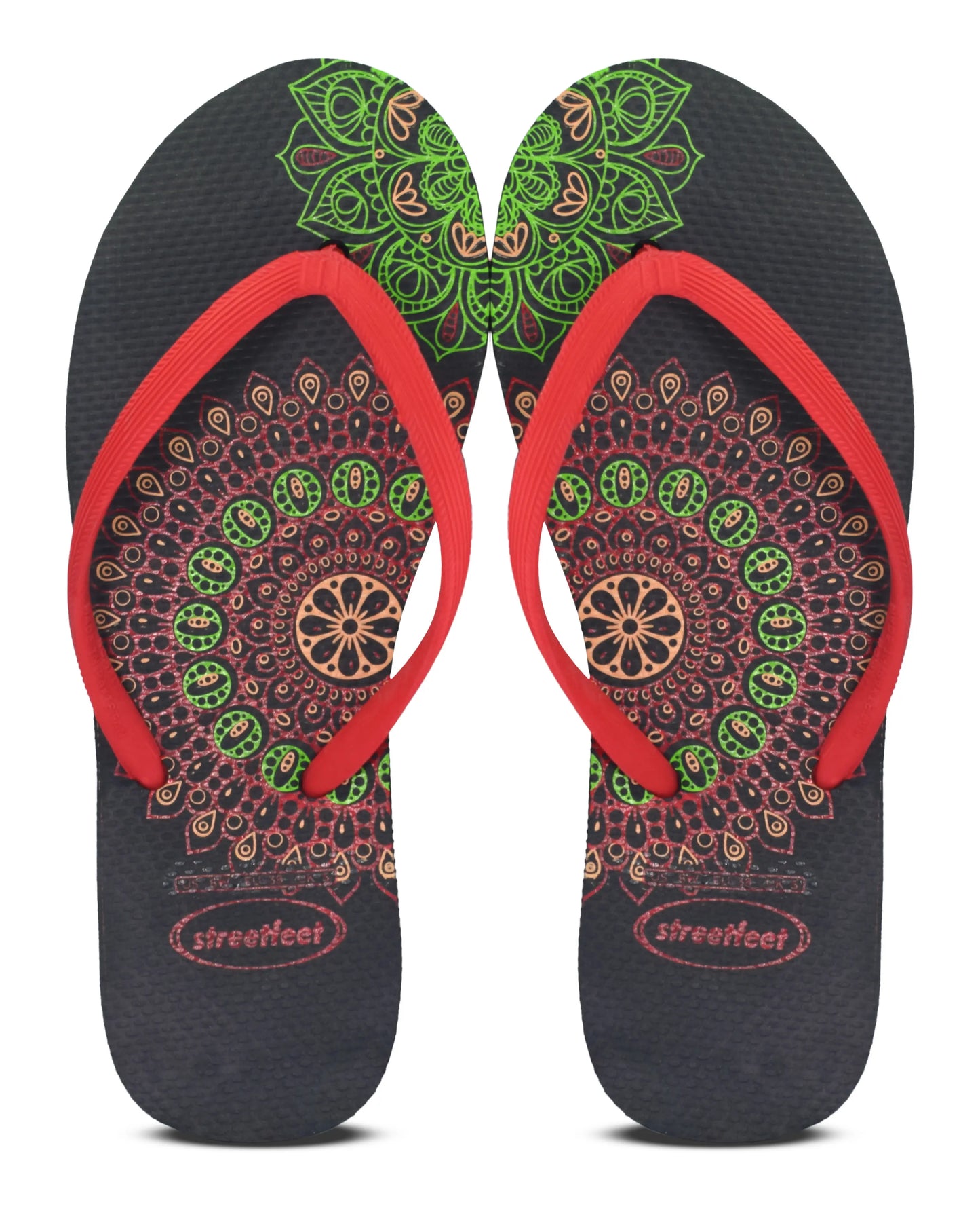 Mandala Flip Flops by StreetFeet – Trendy and comfortable footwear option with intricate mandala design, cloud-like footbed, and durable outsole. Available in 5 vibrant color combinations.