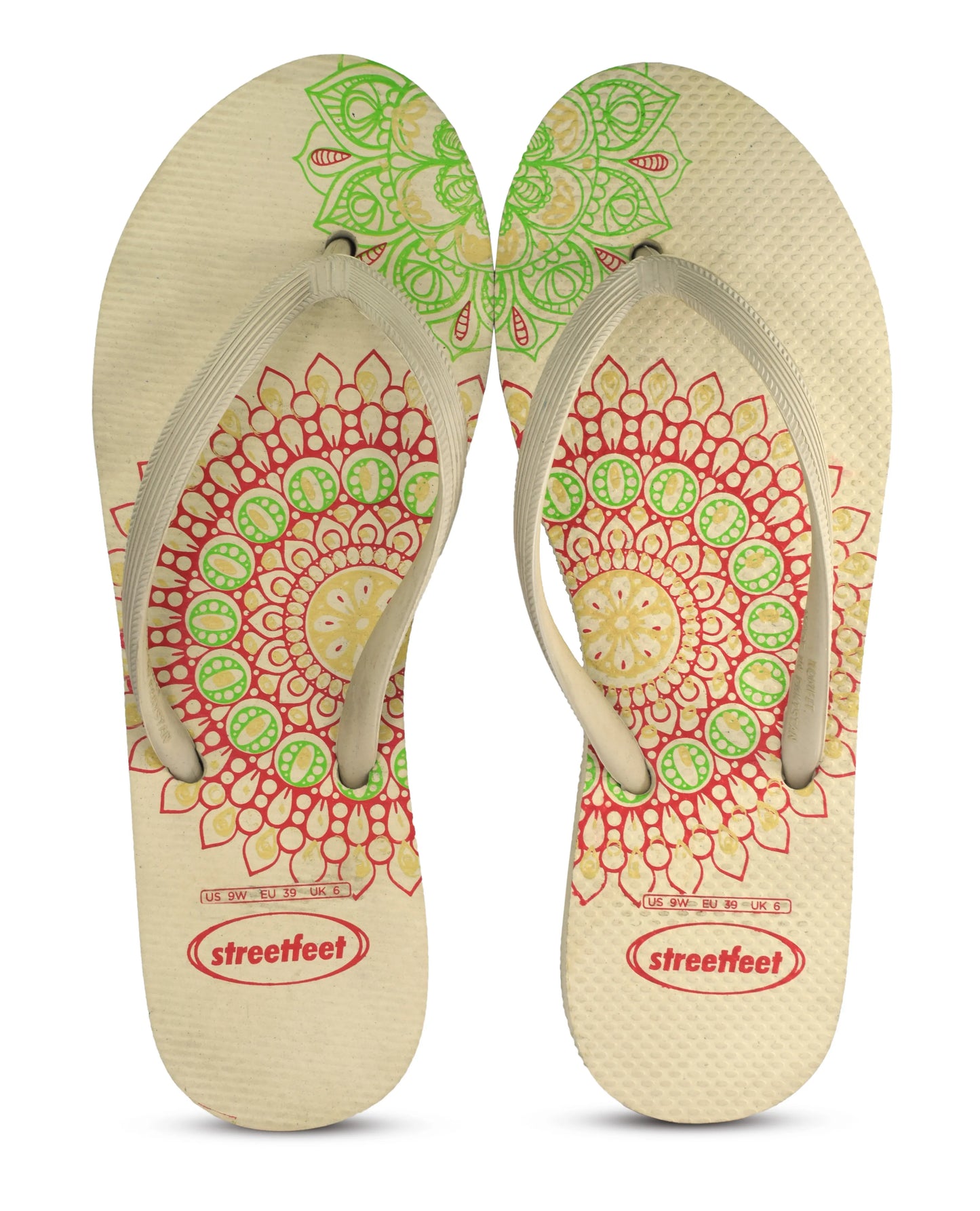Mandala Flip Flops by StreetFeet – Trendy and comfortable footwear option with intricate mandala design, cloud-like footbed, and durable outsole. Available in 5 vibrant color combinations.
