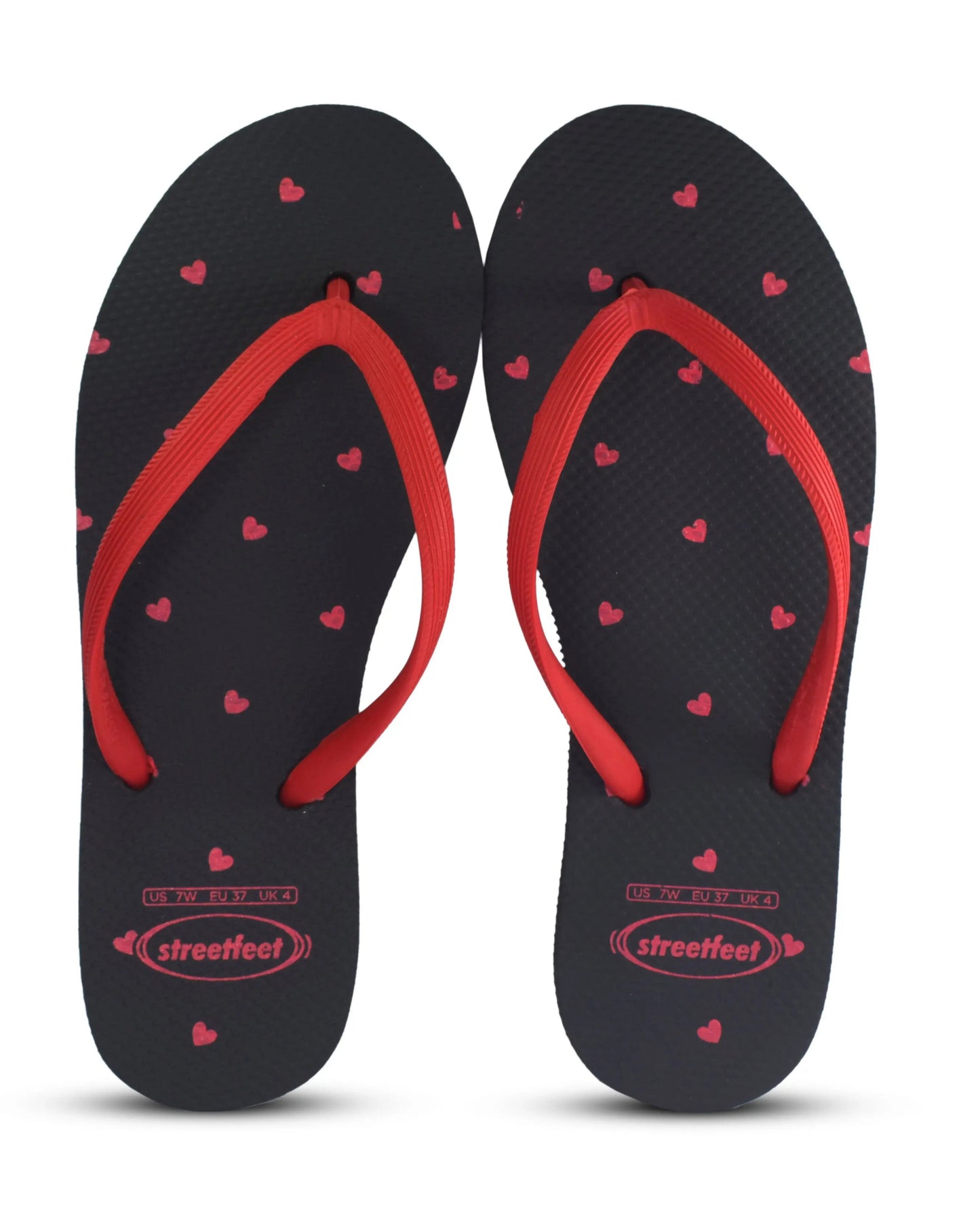 Valen-Toes flip flops for women – Black Sole with Red Heart Print and Red Strap, Stylish and Comfortable Footwear