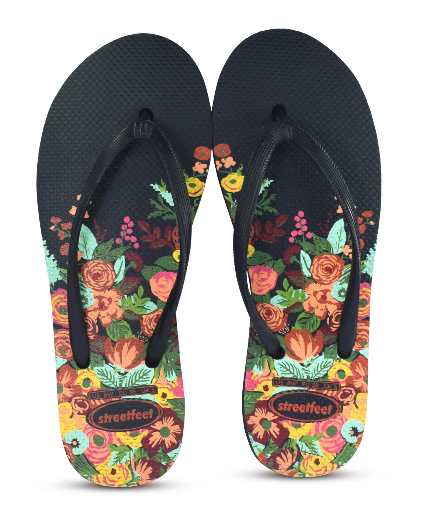 Meadow flip flops for women – Black Sole, Black Strap with Colorful Floral Design, Comfortable Everyday Wear