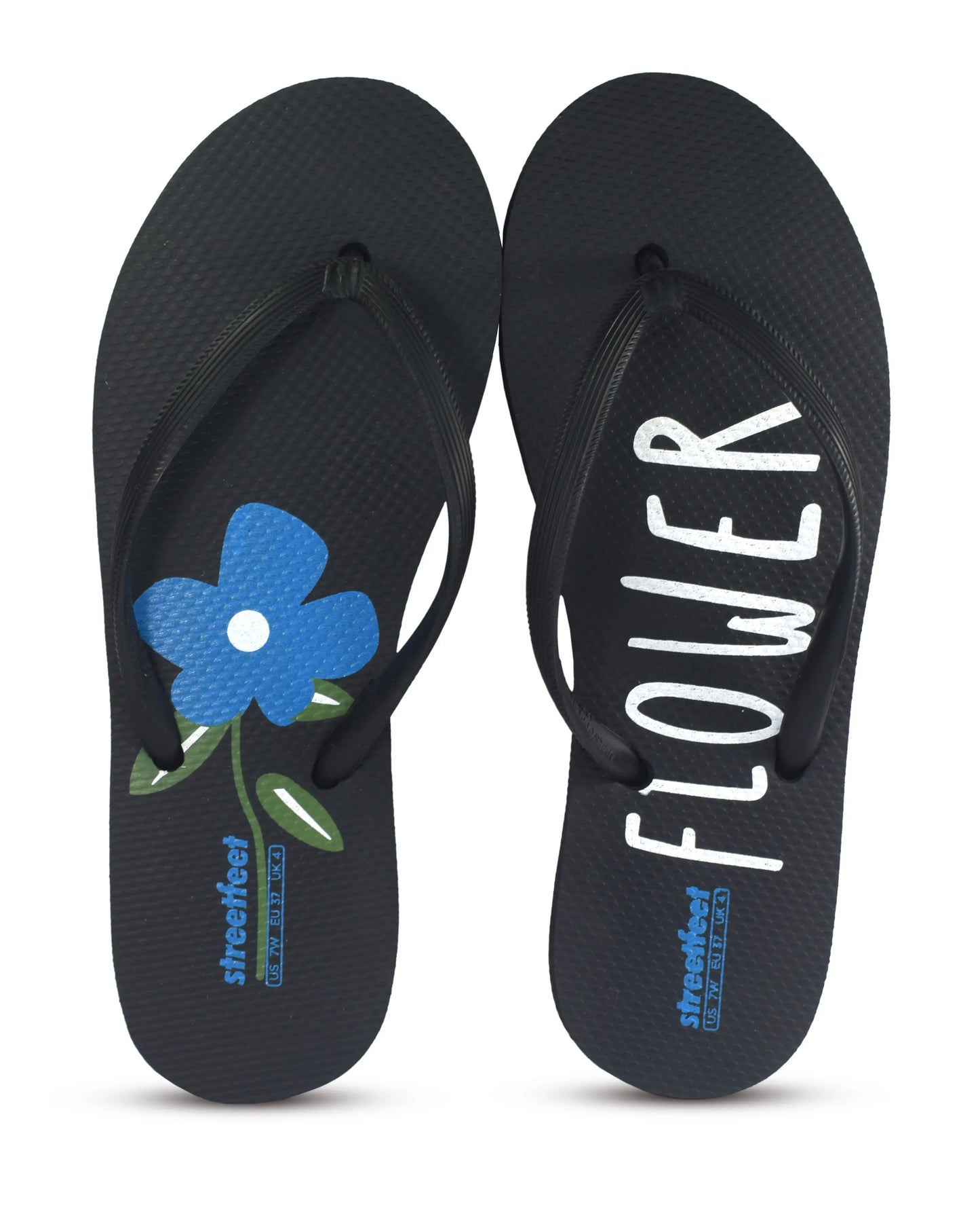Flower Flip Flops by StreetFeet – An elegant and comfortable black footwear option with a delicate floral design, cushioned footbed, and a durable set of straps. A perfect addition to your wardrobe for a fresh and feminine look.