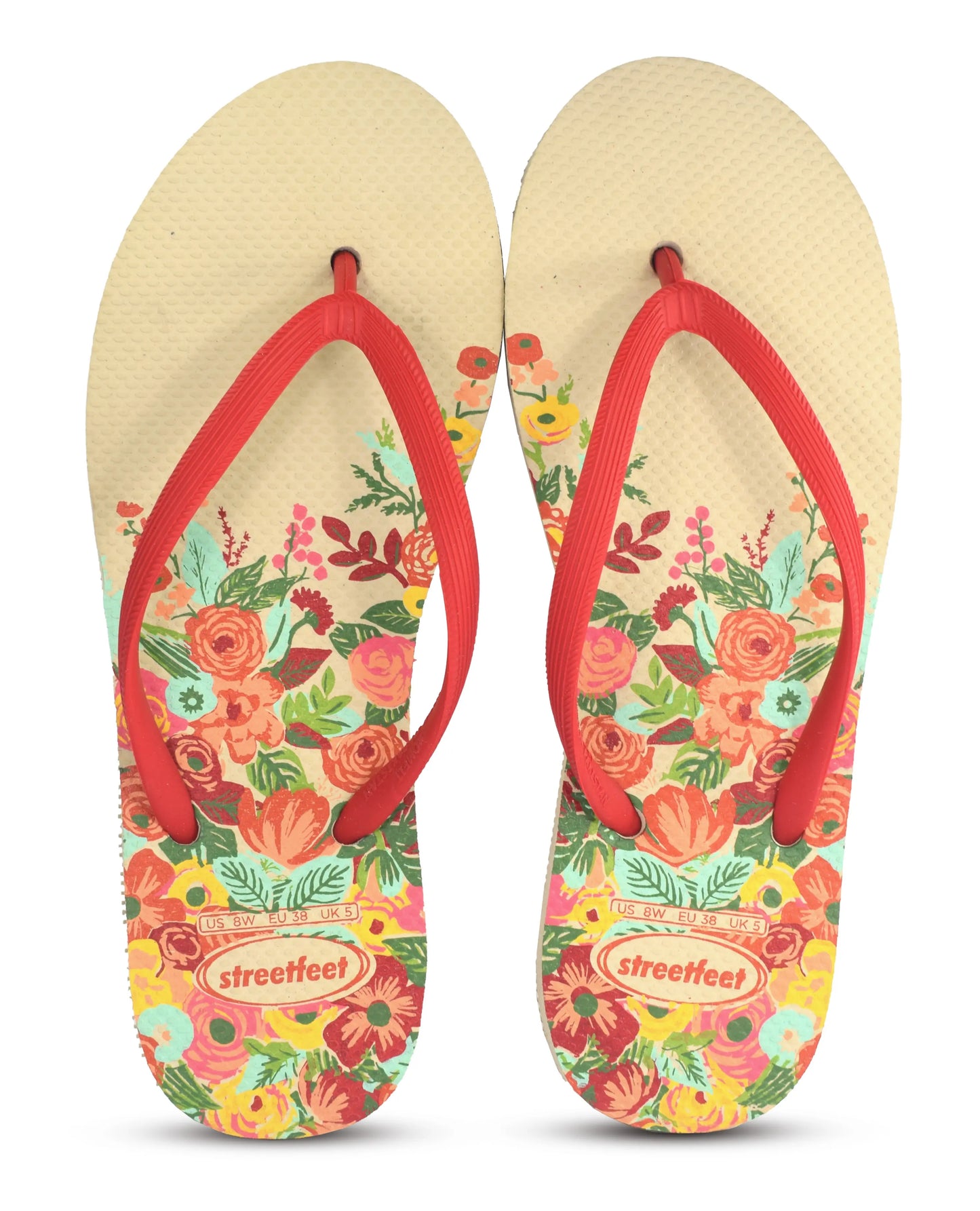 Meadow flip flops for women – White Sole, Red Strap with Colorful Floral Design, Cheerful and Feminine Look