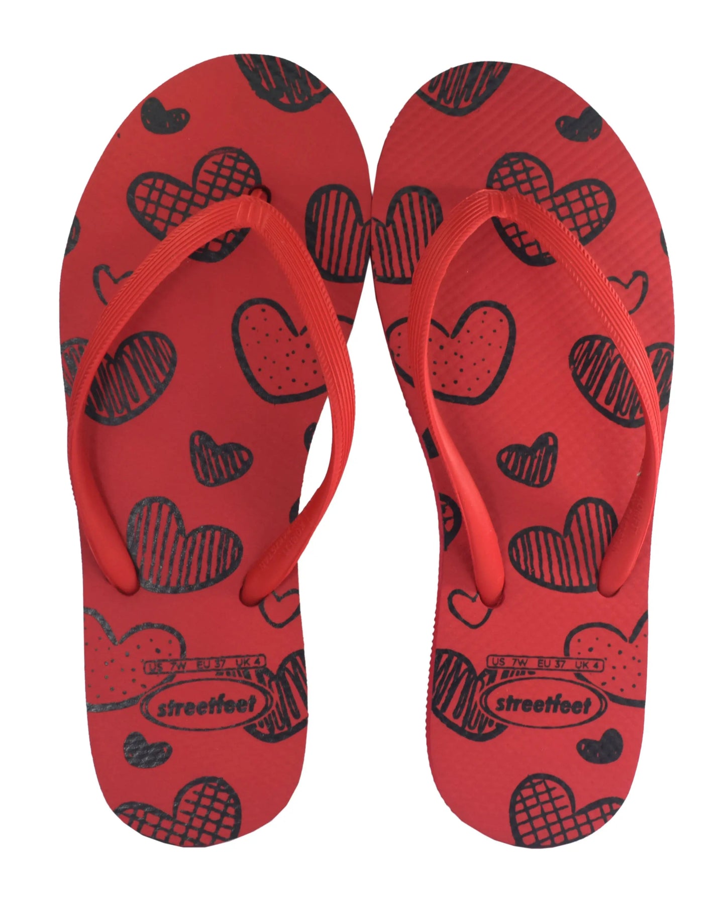 Dil Flip-Flops by Street Feet featuring a colorful heart design, lightweight breathable sole, and durable PVC straps for long-lasting comfort. Stylish casual footwear perfect for everyday wear.