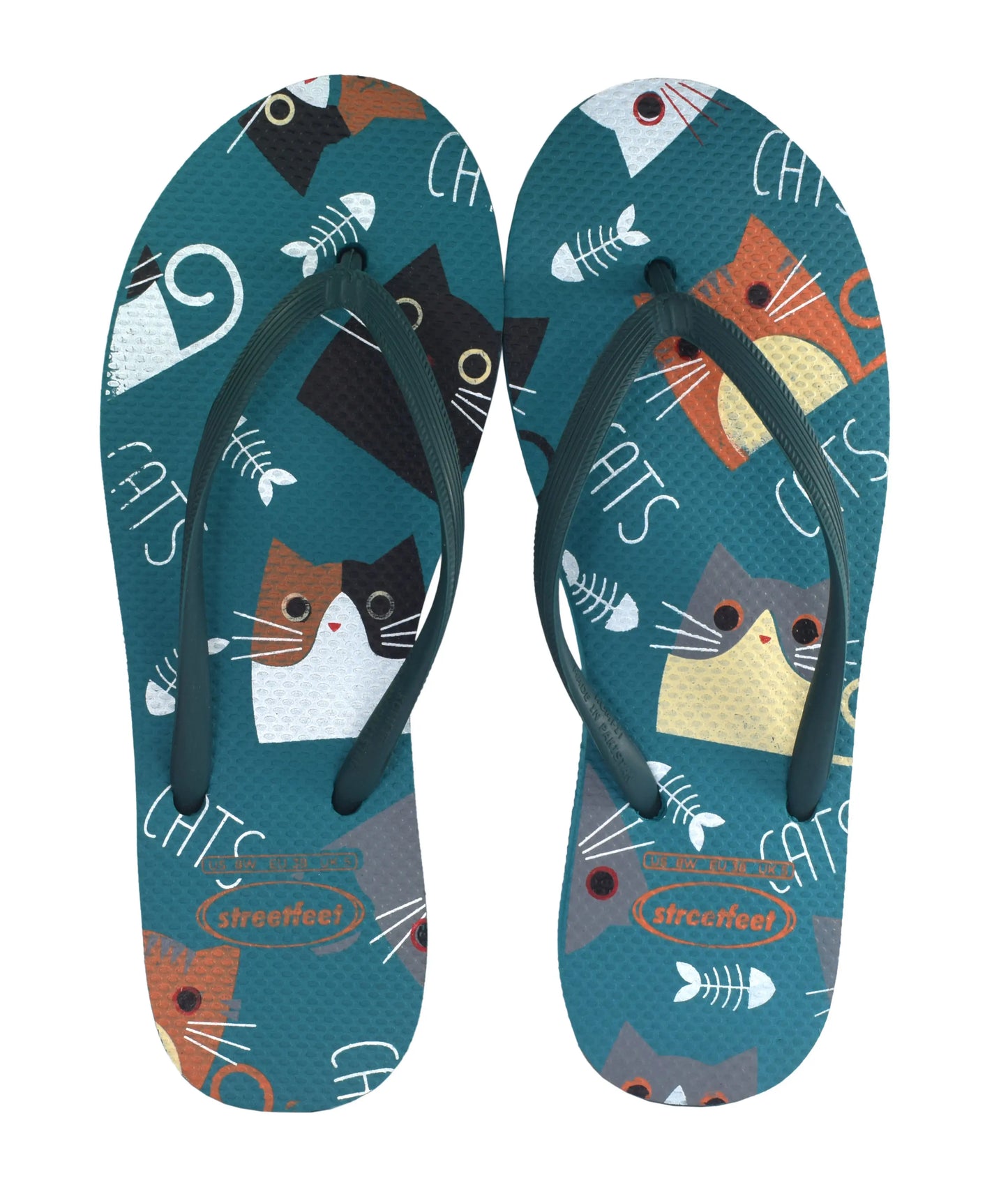 Dark green Purrfect flip flops with cat and fish skeleton print
