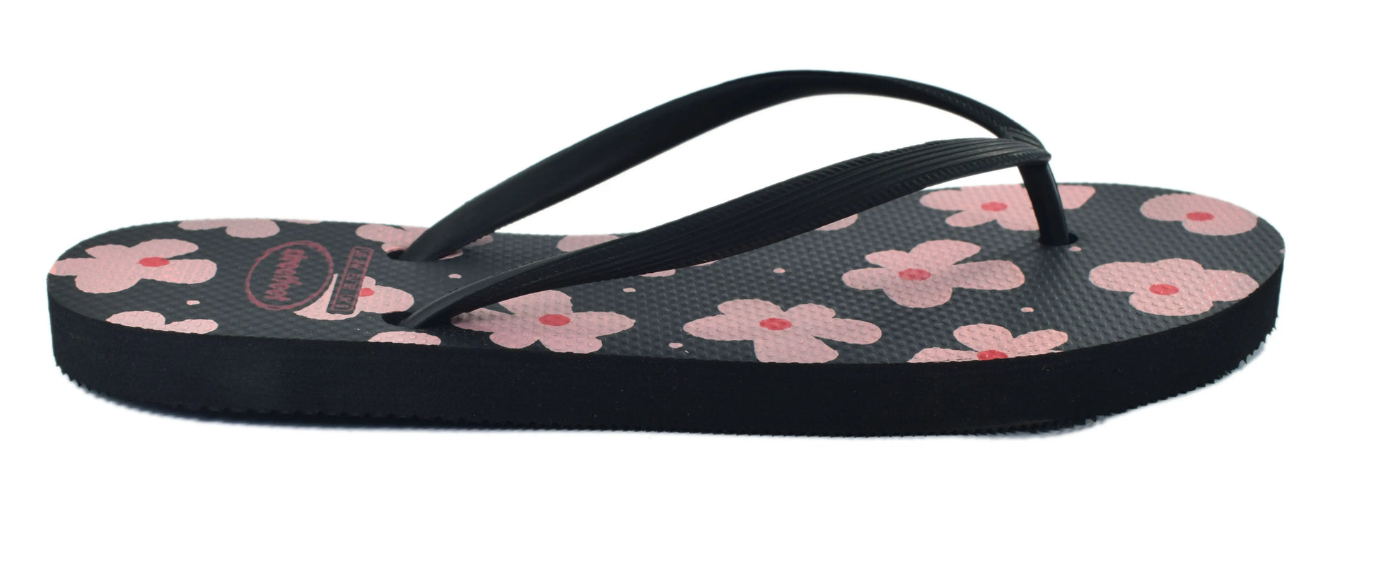 Street Feet's Flower Design Flip-Flops in black sole and pink flowers, featuring soft soles and durable rubber straps for maximum comfort. Lightweight and breathable, ideal for casual wear.