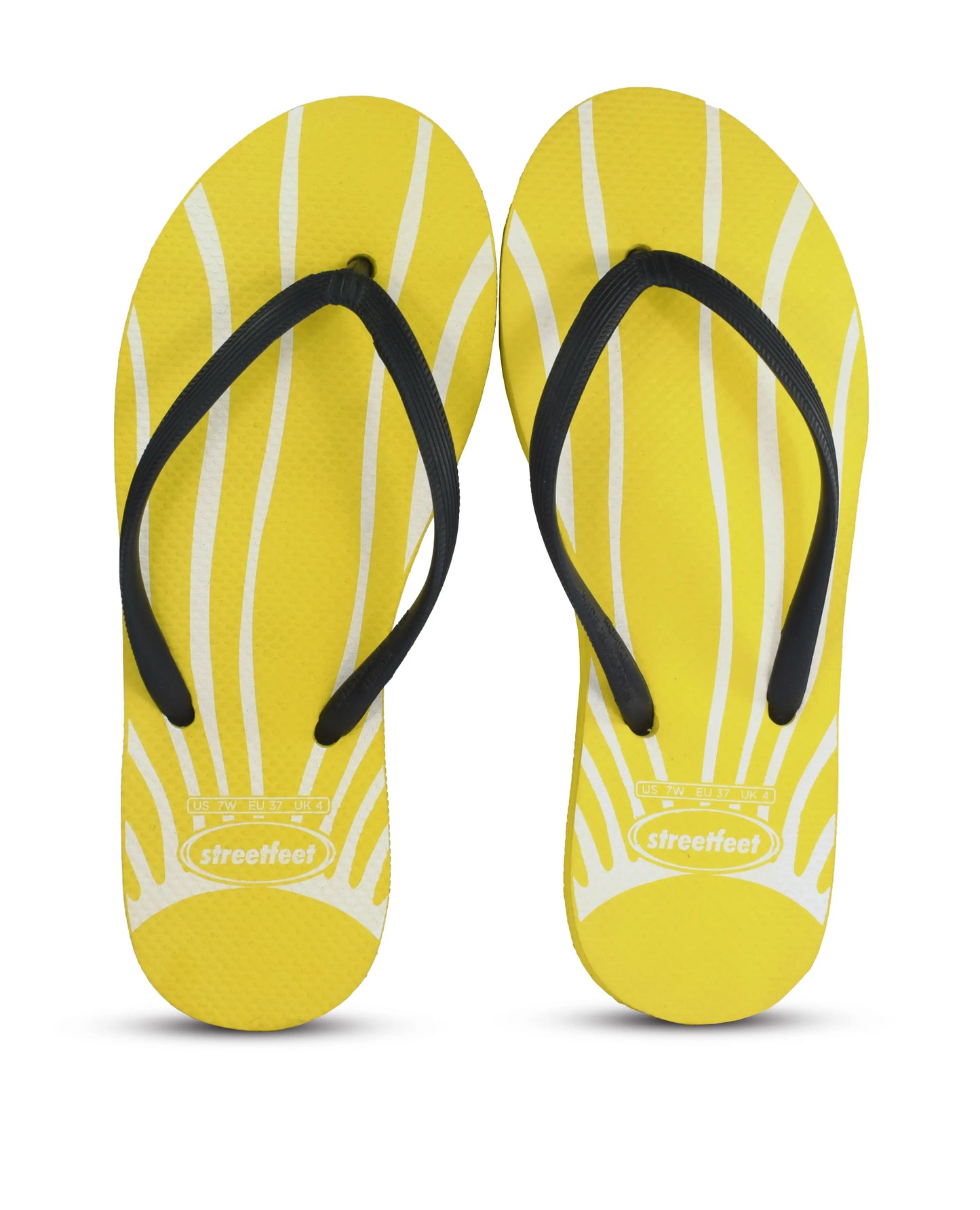 Daydream flip flops for women – Yellow sole with white sunray lines and black strap, vibrant and stylish look