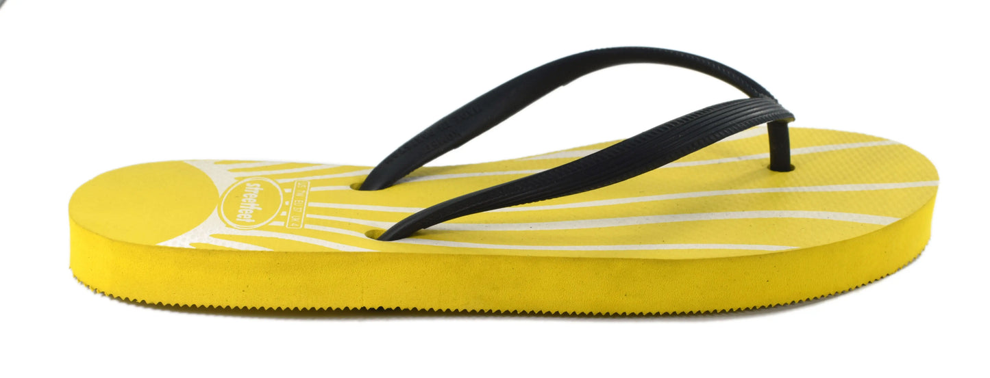 Daydream flip flops for women – Yellow sole with white sunray lines and black strap, vibrant and stylish look