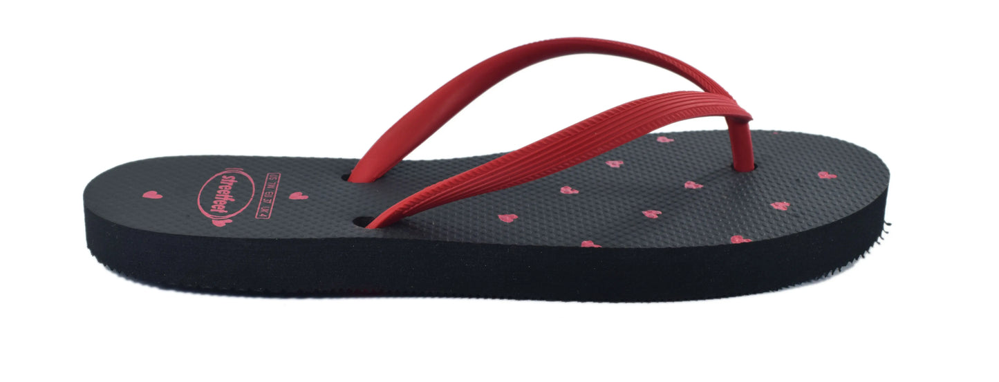 Valen-Toes flip flops for women – Black Sole with Red Heart Print and Red Strap, Stylish and Comfortable Footwear