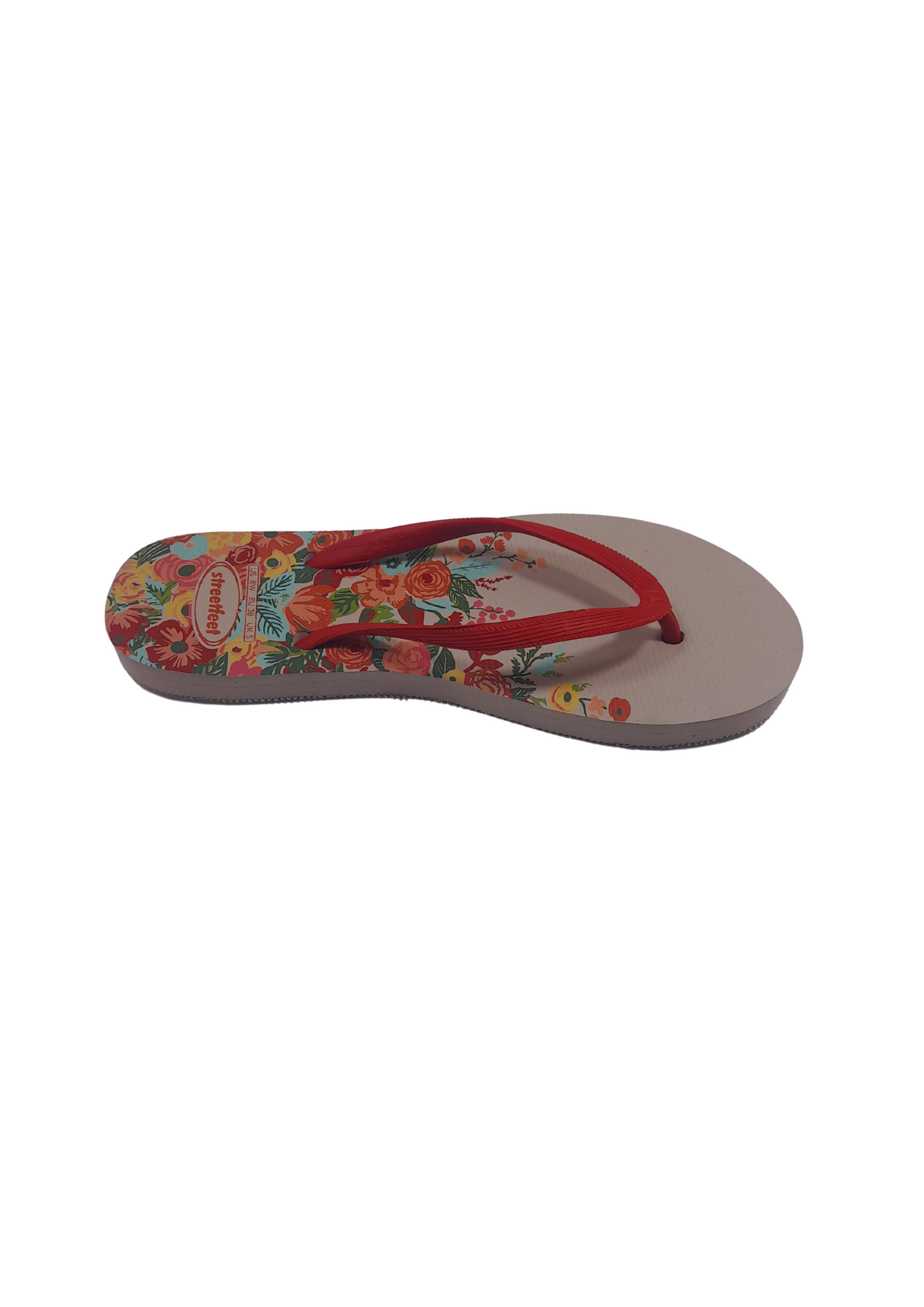 Meadow flip flops for women – White Sole, Red Strap with Colorful Floral Design, Cheerful and Feminine Look

