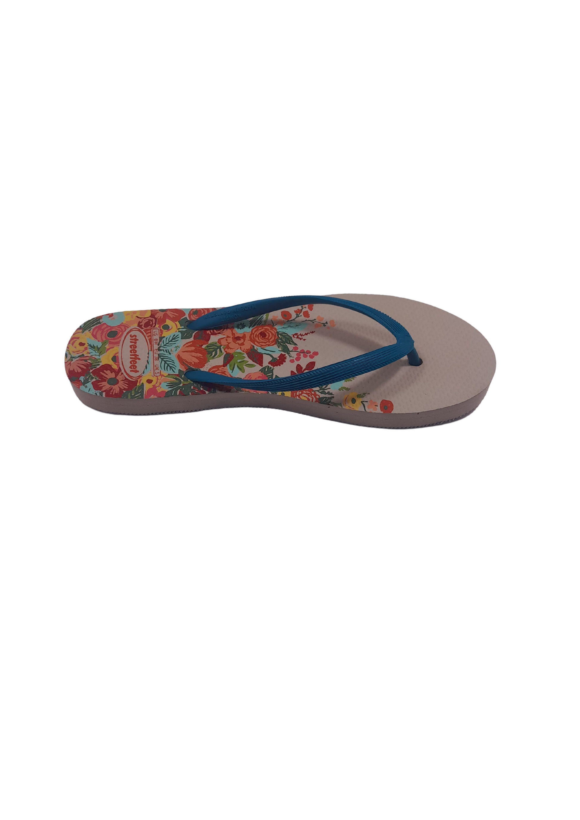 Meadow flip flops for women – White Sole, Blue Strap with Colorful Floral Design, Fresh and Stylish Design

