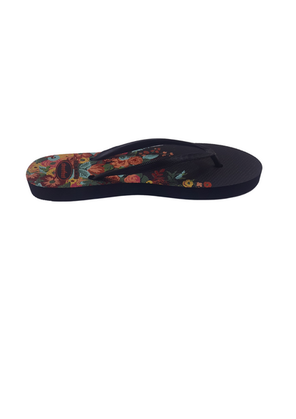 Meadow flip flops for women – Black Sole, Black Strap with Colorful Floral Design, Comfortable Everyday Wear

