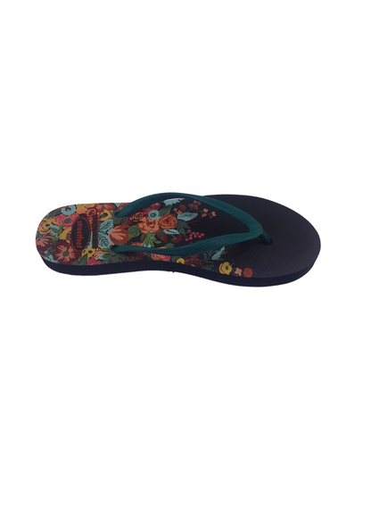 Meadow flip flops for women – Black Sole, Green Strap with Colorful Floral Design, Lightweight and Vibrant Style

