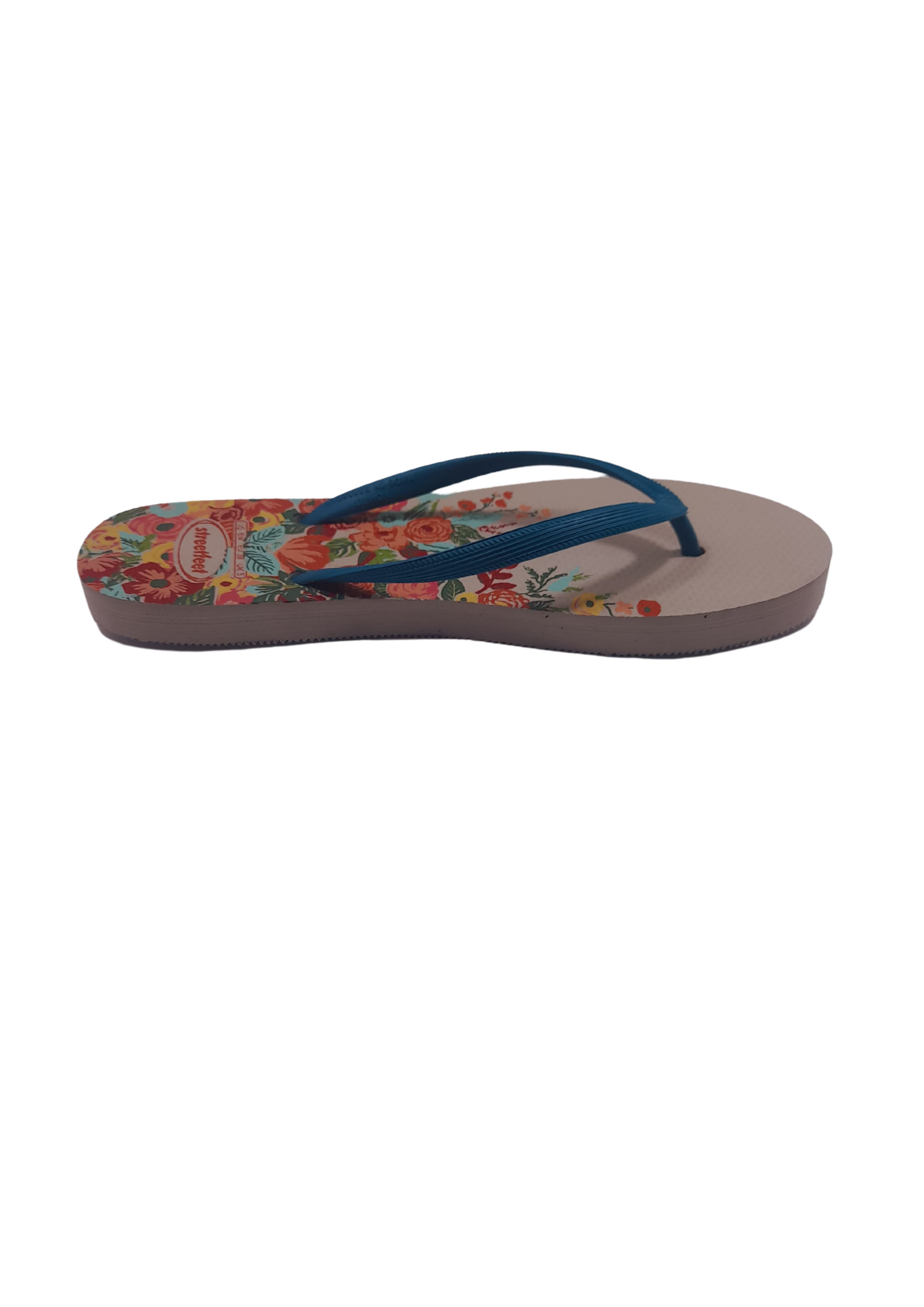 Meadow flip flops for women – White Sole, Blue Strap with Colorful Floral Design, Fresh and Stylish Design


