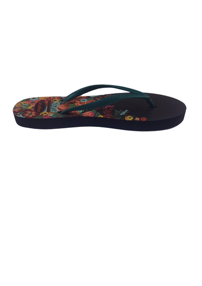 Meadow flip flops for women – Black Sole, Black Strap with Colorful Floral Design, Comfortable Everyday Wear

