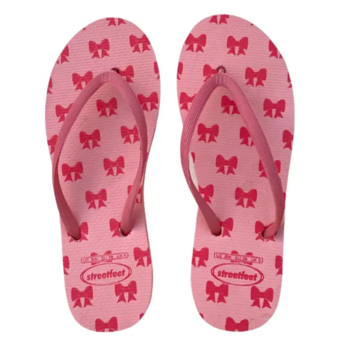 StreetFeet Coquette flip flops for women in pink with bow print


