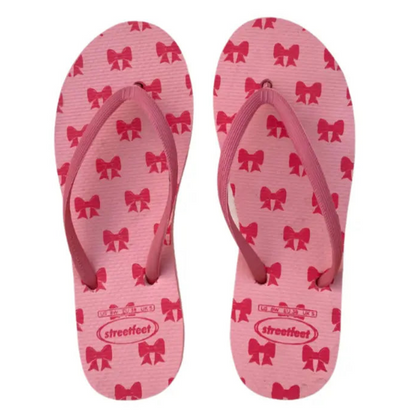 StreetFeet Coquette flip flops for women in pink with bow print


