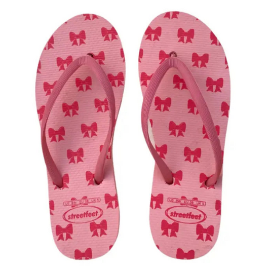 StreetFeet Coquette flip flops for women in pink with bow print

