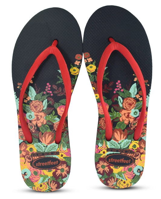 Meadow flip flops for women – Black Sole, Red Strap with Colorful Floral Design, Stylish Summer Footwear

