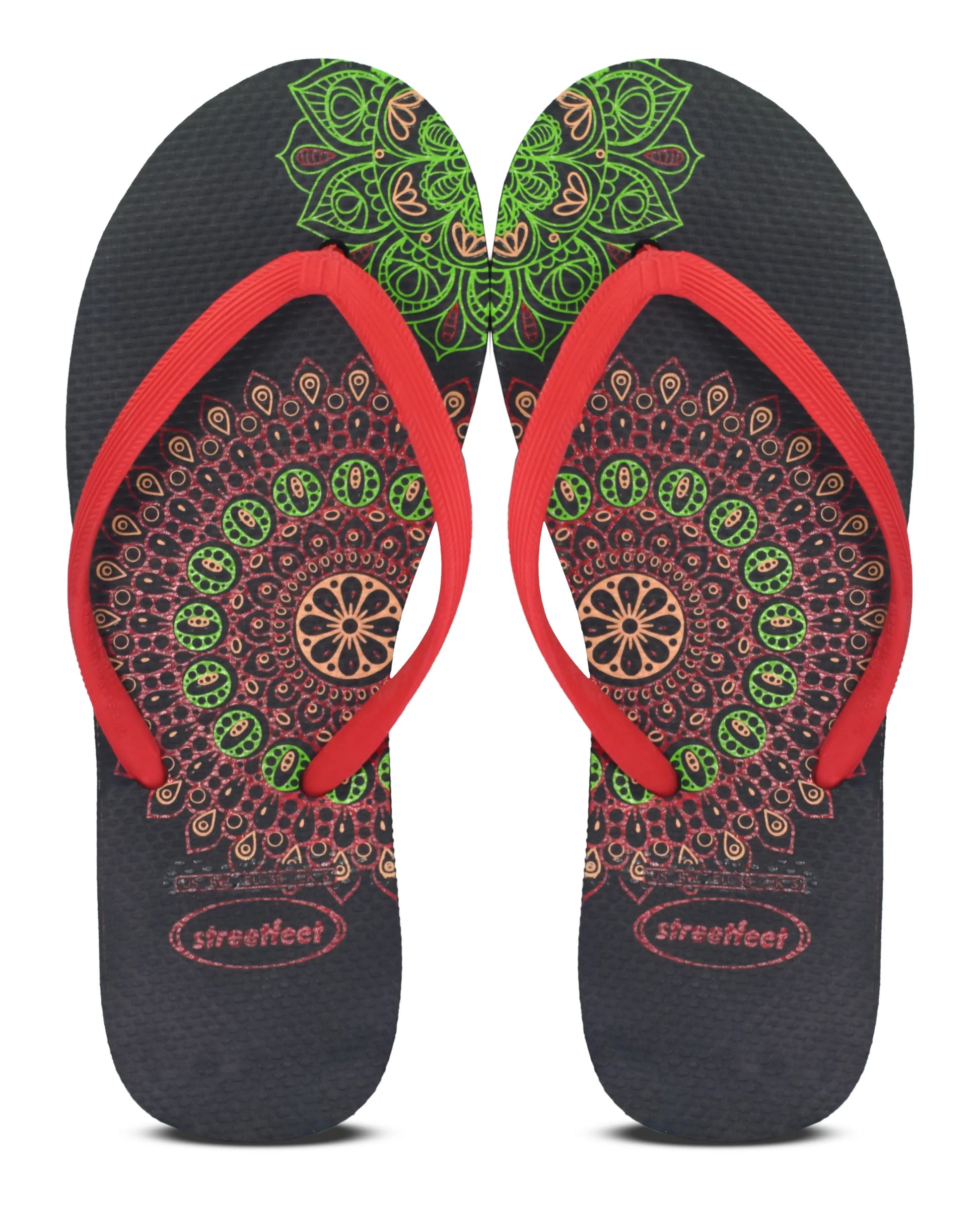 Mandala Flip Flops by StreetFeet – Trendy and comfortable footwear  option with intricate mandala design, cloud-like footbed, and durable outsole. Available in 5 vibrant color combinations.