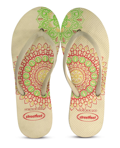 Mandala Flip Flops by StreetFeet – Trendy and comfortable footwear  option with intricate mandala design, cloud-like footbed, and durable outsole. Available in 5 vibrant color combinations.