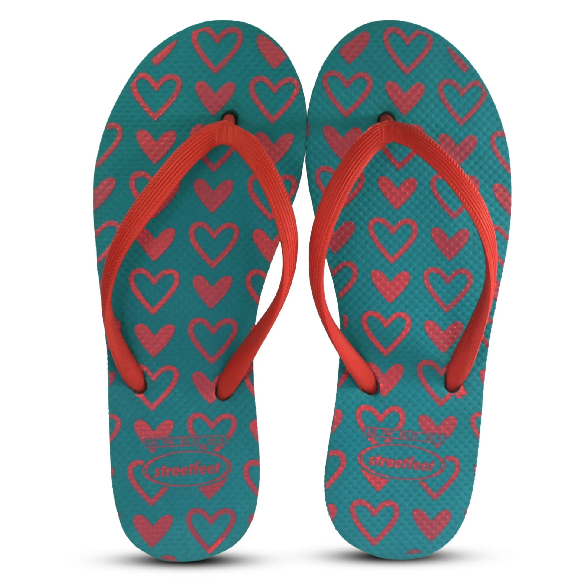 Lovestep women's flip flops with blue sole, red heart print, and red strap

