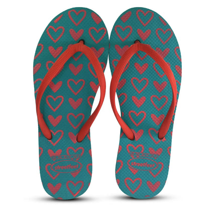 Lovestep women's flip flops with blue sole, red heart print, and red strap

