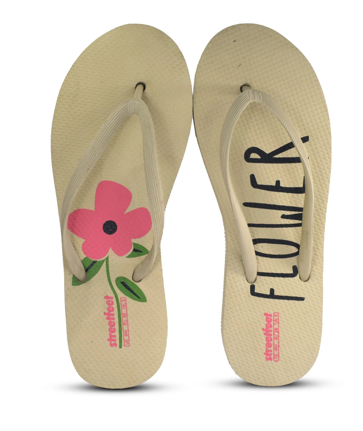 Flower Flip Flops by StreetFeet – An elegant and comfortable white footwear option with a delicate floral design, cushioned footbed, and a durable set of straps. A perfect addition to your wardrobe for a fresh and feminine look.