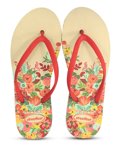 Meadow flip flops for women – White Sole, Red Strap with Colorful Floral Design, Cheerful and Feminine Look

