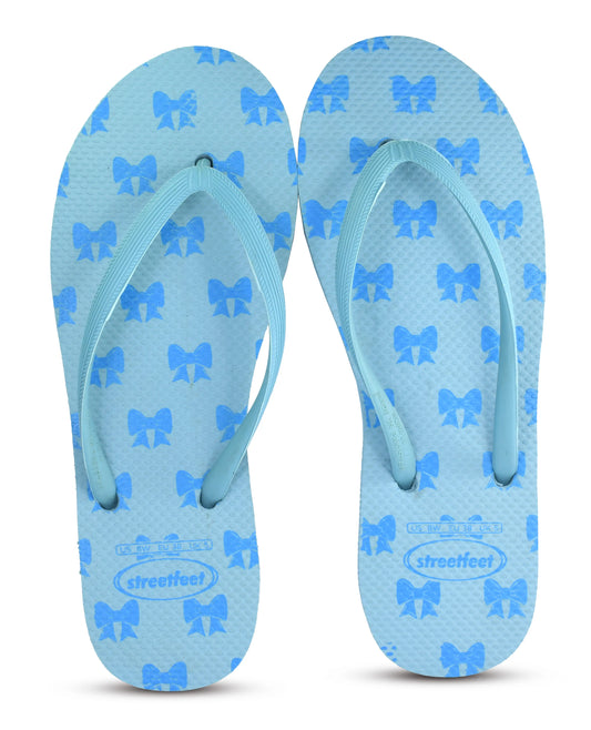 Light blue flip flops with bow print for women – StreetFeet Coquette

