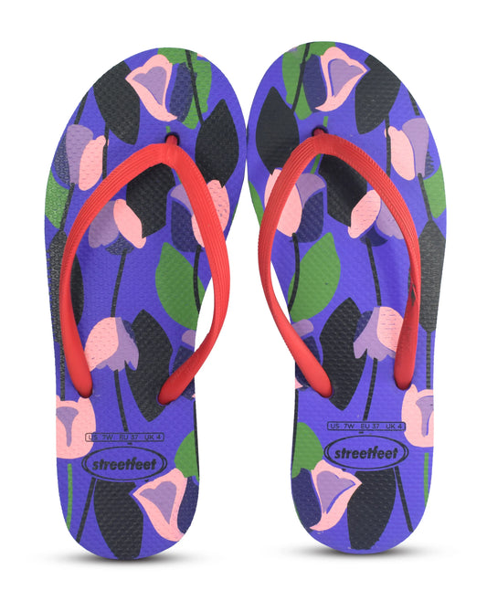 Tulip Flip Flops by StreetFeet – Purple sole with tulip flower print and black strap, fashionable ladies sandals with cushioned comfort and stylish flair

