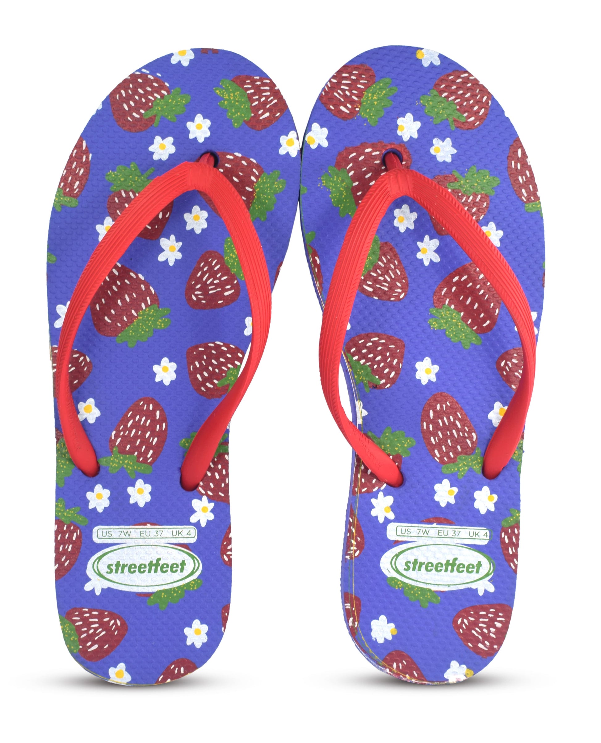 Fruity Flip Flops by StreetFeet – Strawberry printed purple sole with durable red straps and, elegant ladies sandals with cushioned footbed for maximized comfort

