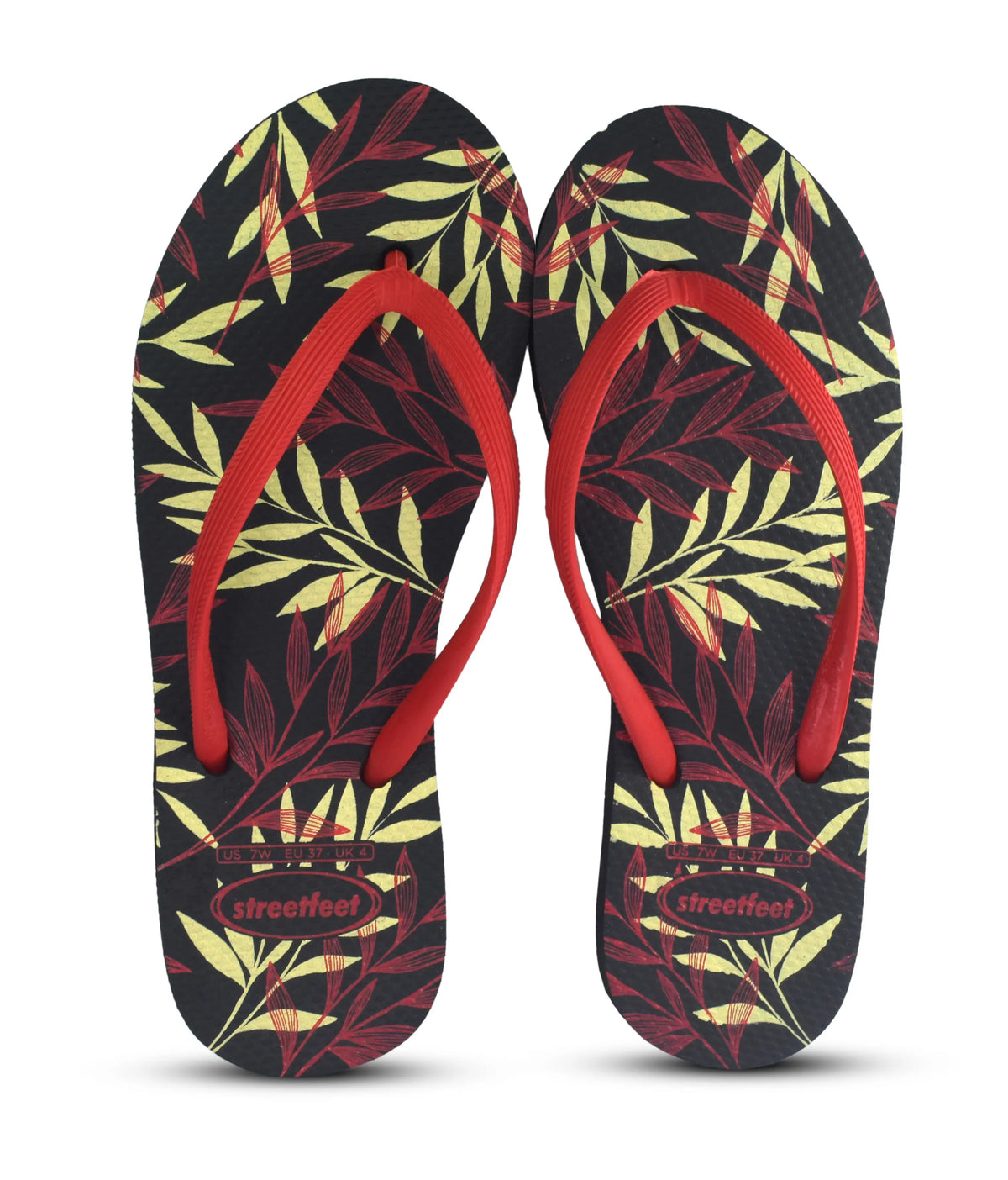 Streetfeet Leafy – overhead view of leaf print flip flops