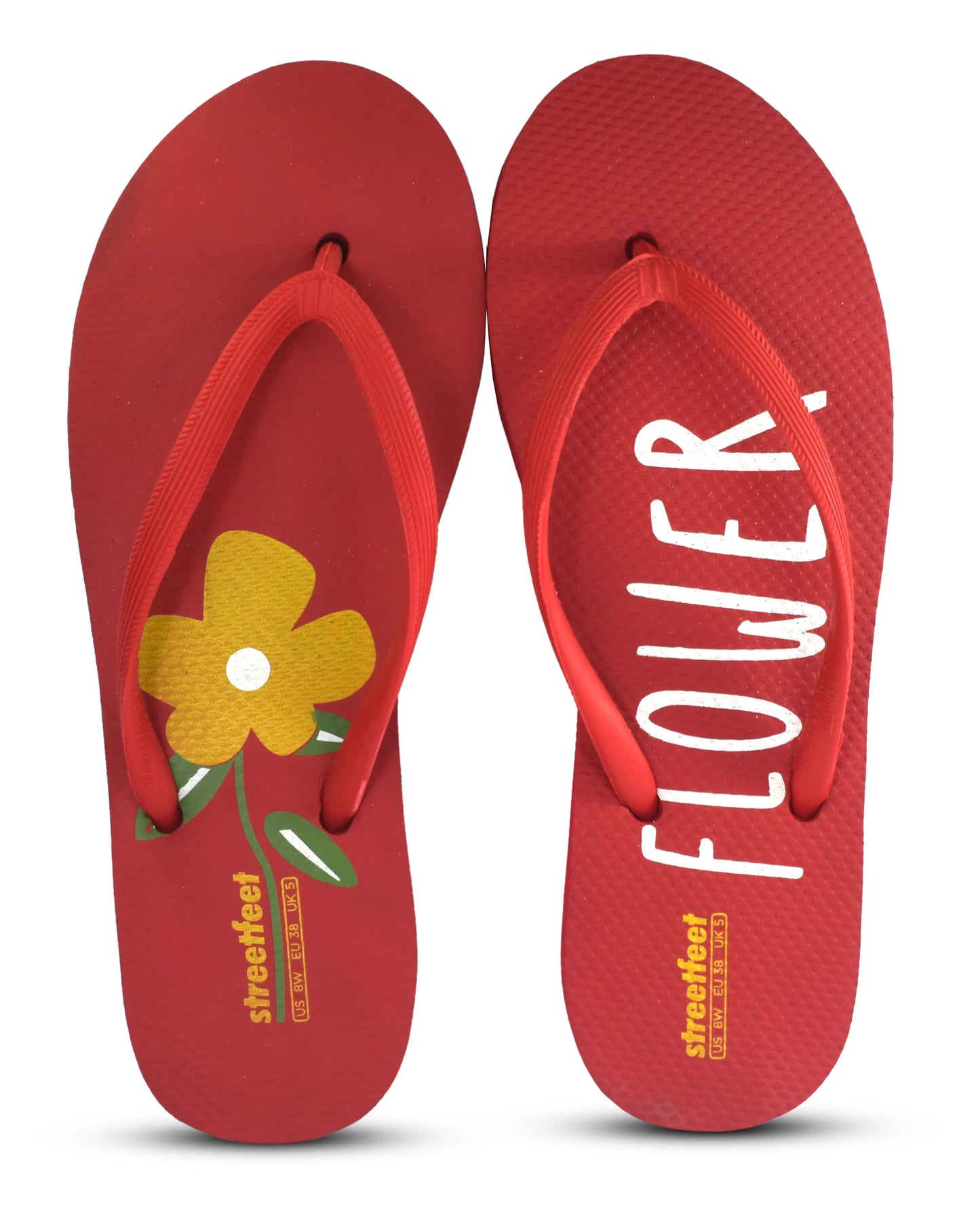 Flower Flip Flops by StreetFeet – An elegant and comfortable red footwear option with a delicate floral design, cushioned footbed, and a durable set of straps. A perfect addition to your wardrobe for a fresh and feminine look.