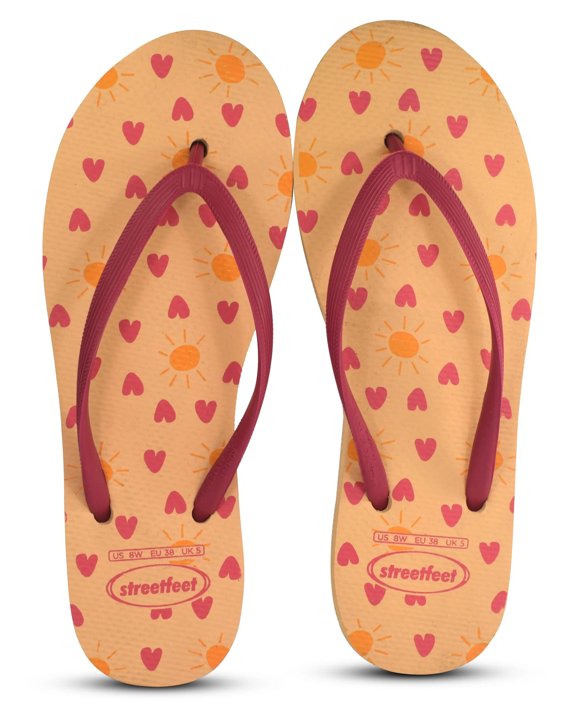 Sun-Kissed Flip Flops for Women – Bright Orange Sole with Pink Heart and Sun Print, Comfortable Pink Strap, Perfect for Summer Vibes

