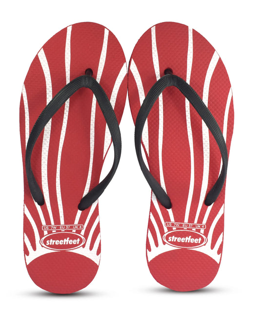Daydream flip flops for women – Red sole with white sunray lines and black strap, bold and comfortable design


