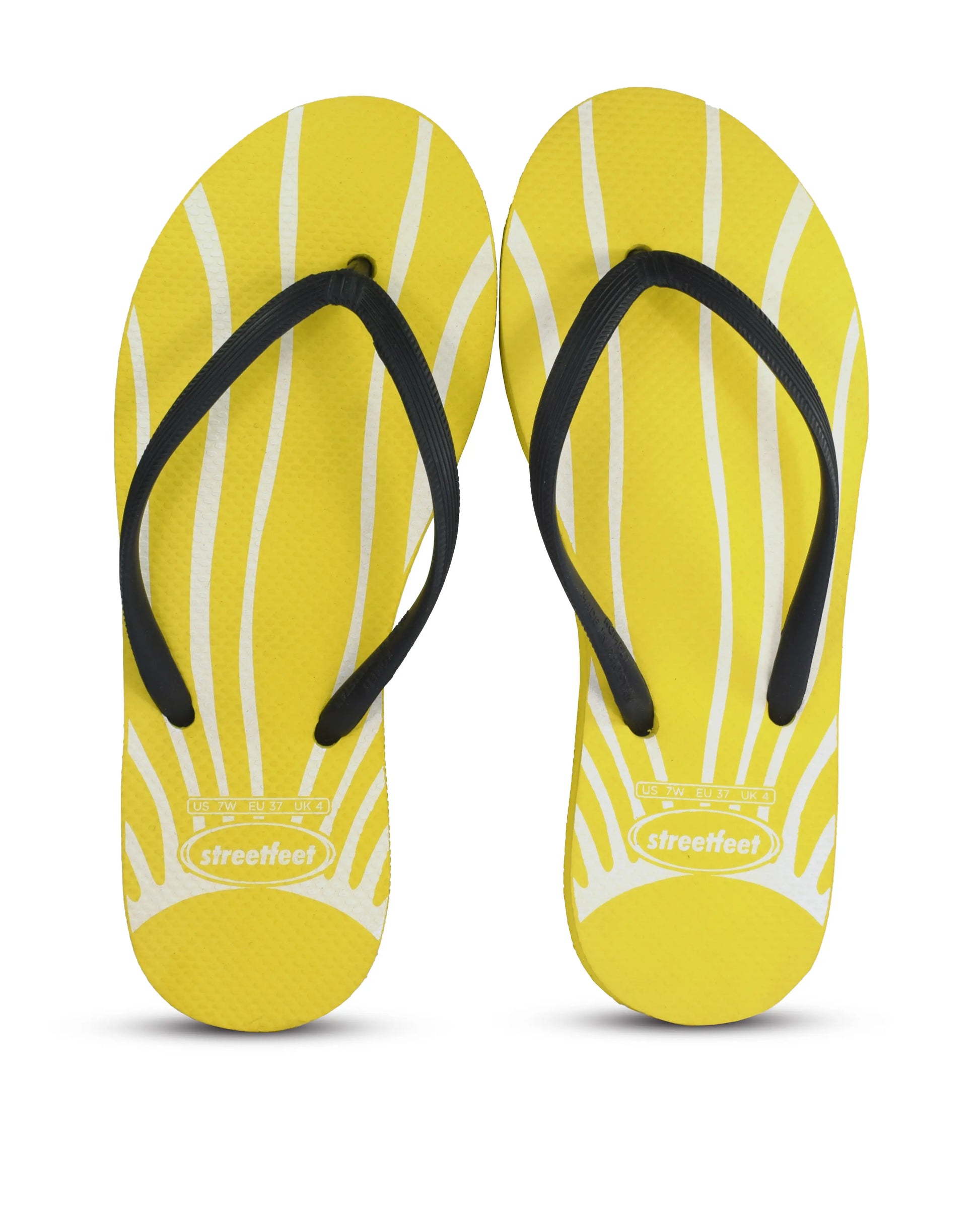 Daydream flip flops for women – Yellow sole with white sunray lines and black strap, vibrant and stylish look


