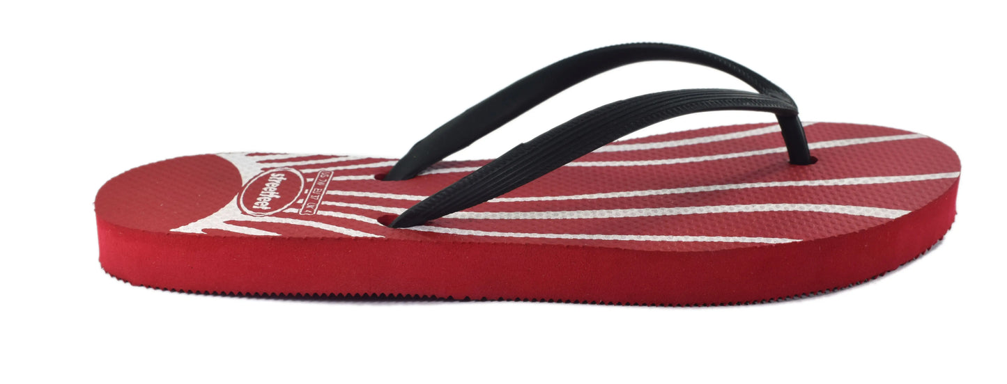 Daydream flip flops for women – Red sole with white sunray lines and black strap, bold and comfortable design


