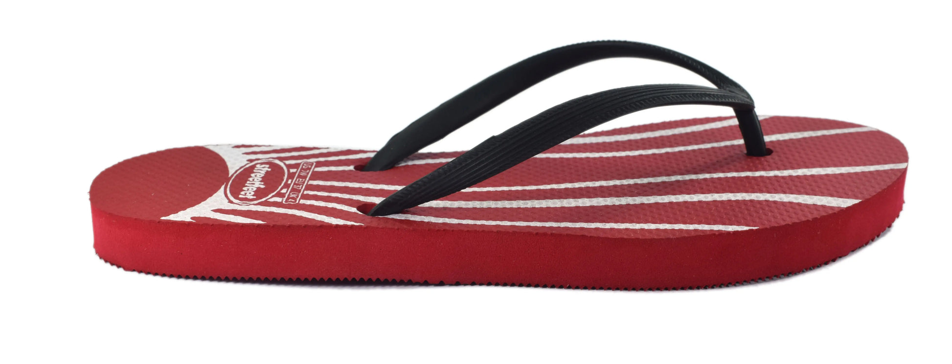 Daydream flip flops for women – Red sole with white sunray lines and black strap, bold and comfortable design


