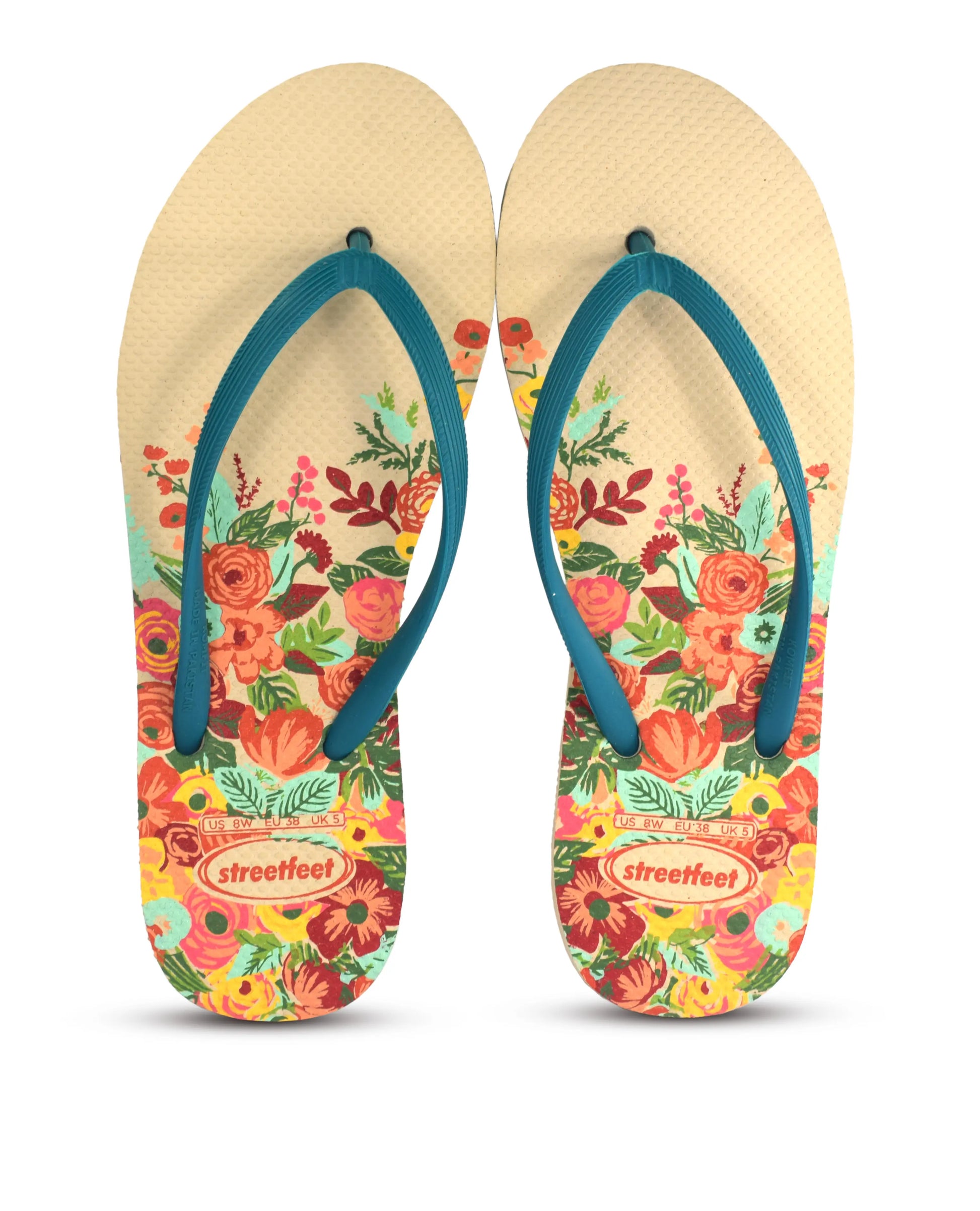 Meadow flip flops for women – White Sole, Blue Strap with Colorful Floral Design, Fresh and Stylish Design

