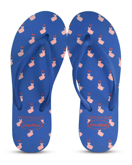 K-HEART Flip Flops by StreetFeet –  A dark-blue, stylish, breathable and comfortable pair of ladies chappal with finger heart design, cushioned footbed, and durable outsole with strong dark-blue straps. Perfect for K-pop lovers and those who love a cute, minimal style.  
