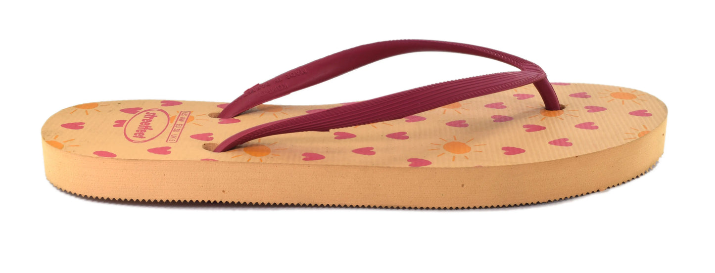 Sun-Kissed Flip Flops for Women – Bright Orange Sole with Pink Heart and Sun Print, Comfortable Pink Strap, Perfect for Summer Vibes

